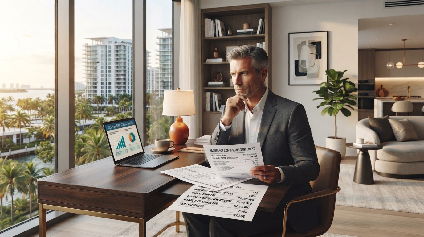 Florida real estate agent comparing 100% commission brokerage fees and recurring expenses