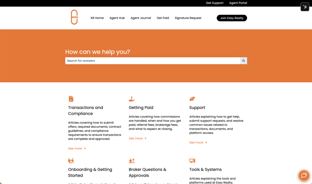 The Easy Realty Knowledge Hub organizes brokerage guidance around transactions, commissions, onboarding, support, broker approvals, tools and systems.