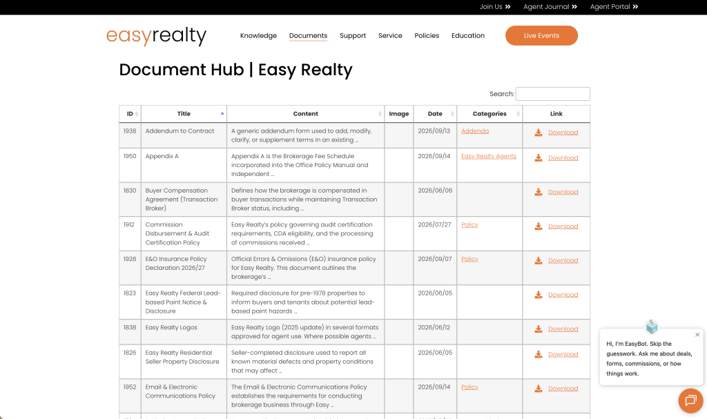 The searchable Easy Realty Document Hub gives agents direct access to forms, agreements, disclosures, policies and brokerage resources.