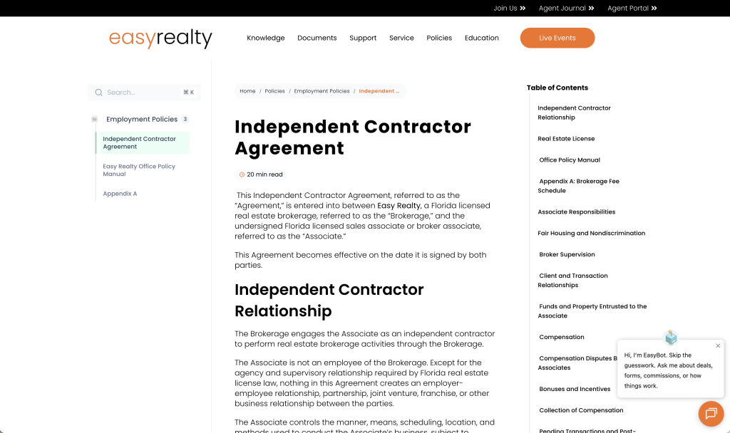 The Easy Realty Policy Hub provides searchable access to core agent agreements and brokerage policies.