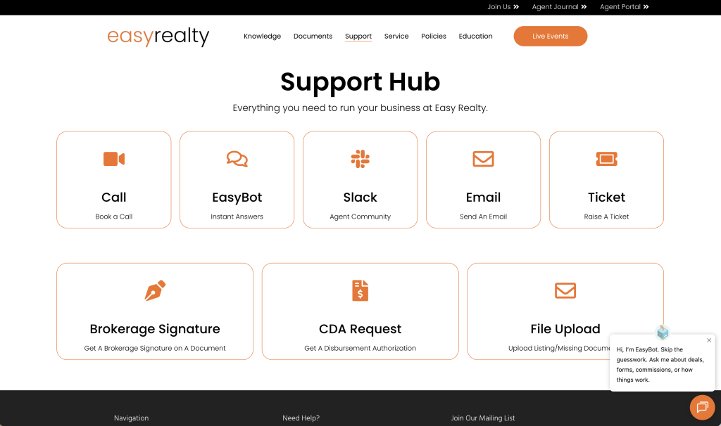 The Easy Realty Support Hub gives agents multiple communication channels and direct pathways for common brokerage requests.