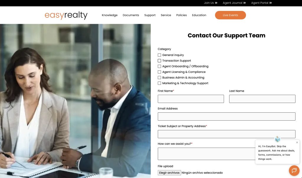 Easy Realty agents can open a support ticket to review the conversation, check request details, send follow-up messages and see associated attachments.