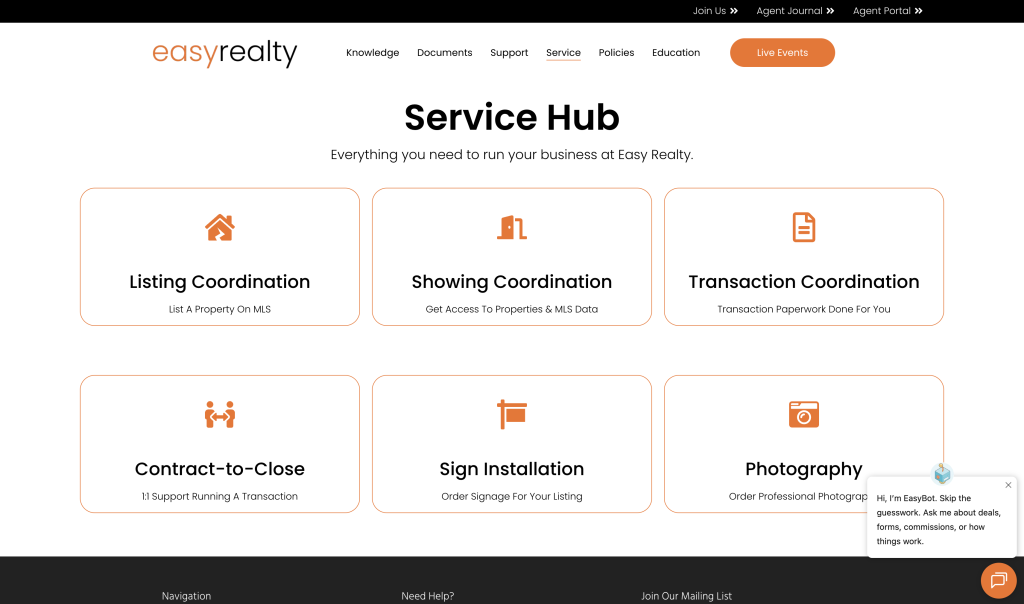 The Easy Realty Service Hub connects agents with optional services supporting listings, showings, transactions, signage and professional photography.