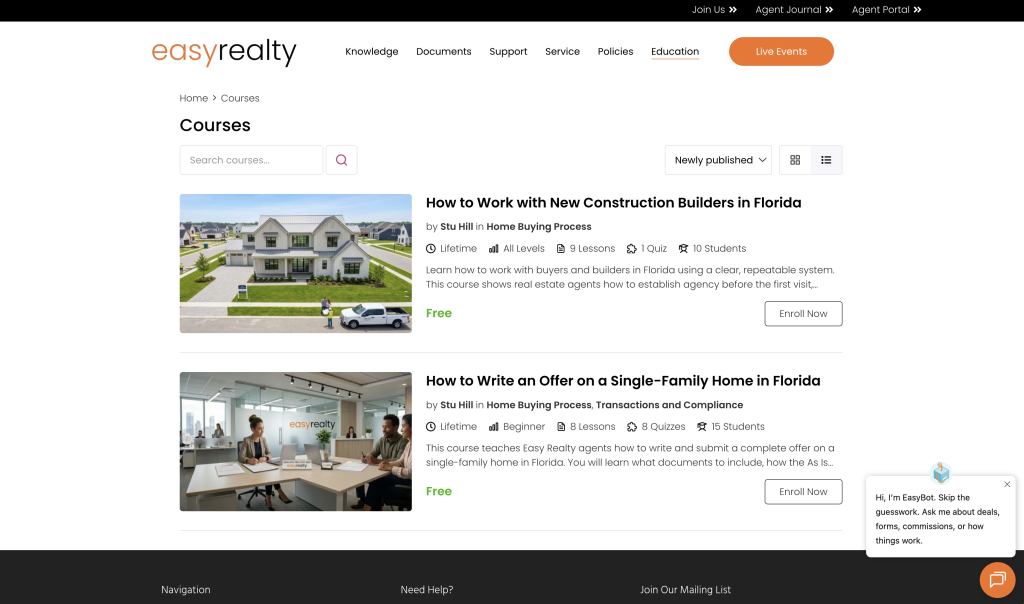 The Easy Realty Education Hub provides structured Florida real estate courses containing lessons, quizzes and practical subject matter.
