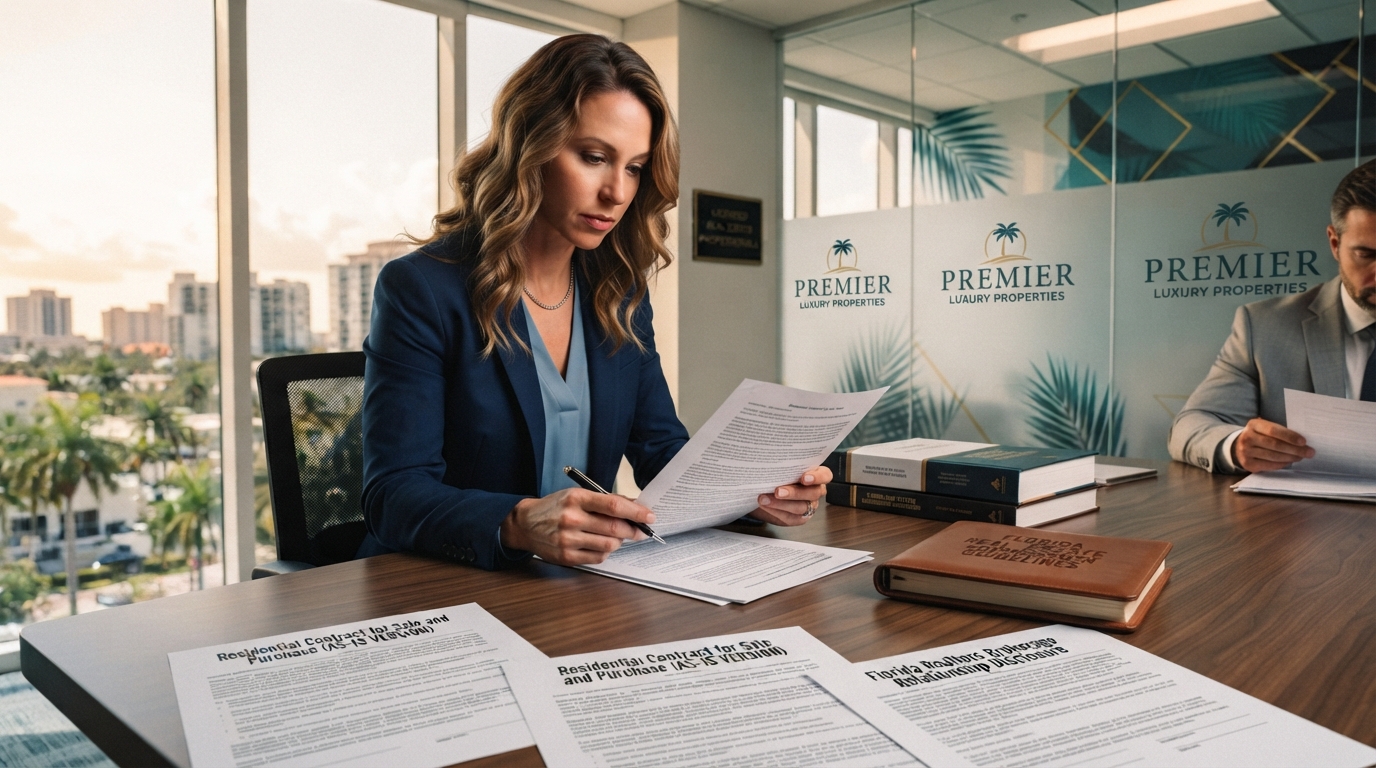 Real estate agent comparing different Florida real estate contract forms and brokerage templates while learning that Florida does not require REALTORS® forms.