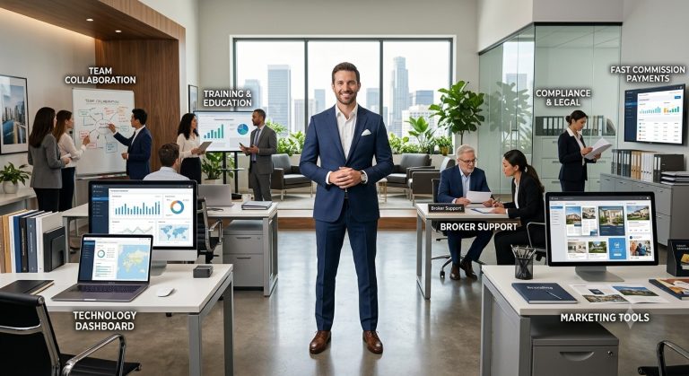 Real estate agent evaluating the best 100% commission brokerage features for business growth and long-term success.