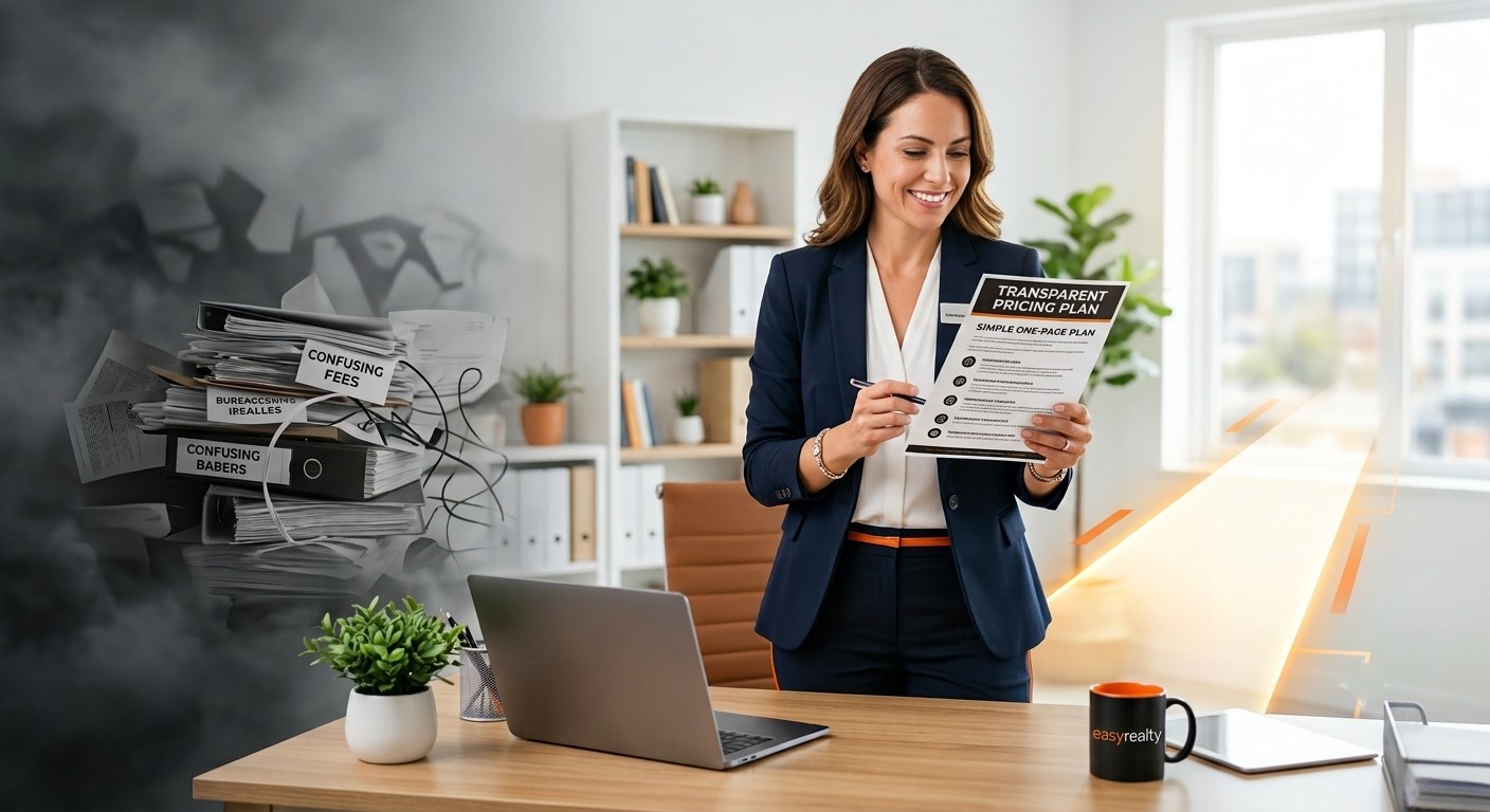 Real estate agent reviewing a simple brokerage pricing model with a focus on transparency and clarity.