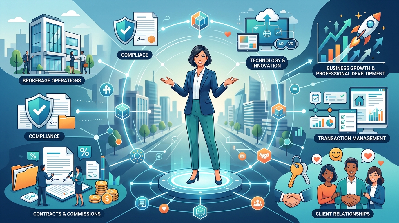 Illustration showing the business side of real estate, including brokerage operations, commissions, compliance, contracts, and client relationships.