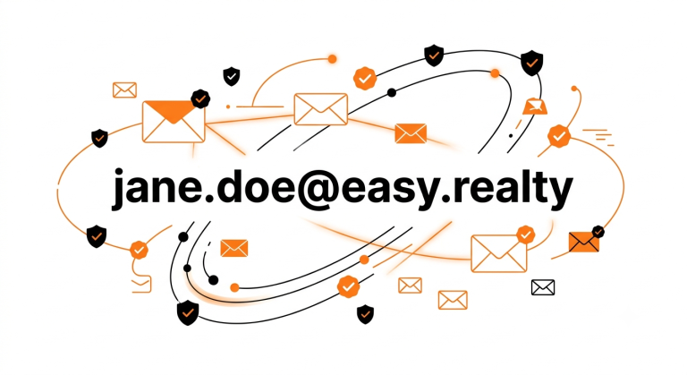Professional easy realty email address with security shield and verification icons representing secure communication.