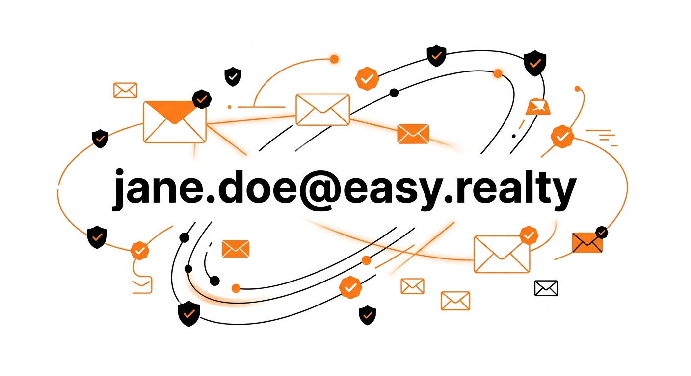 Professional easy realty email address with security shield and verification icons representing secure communication.