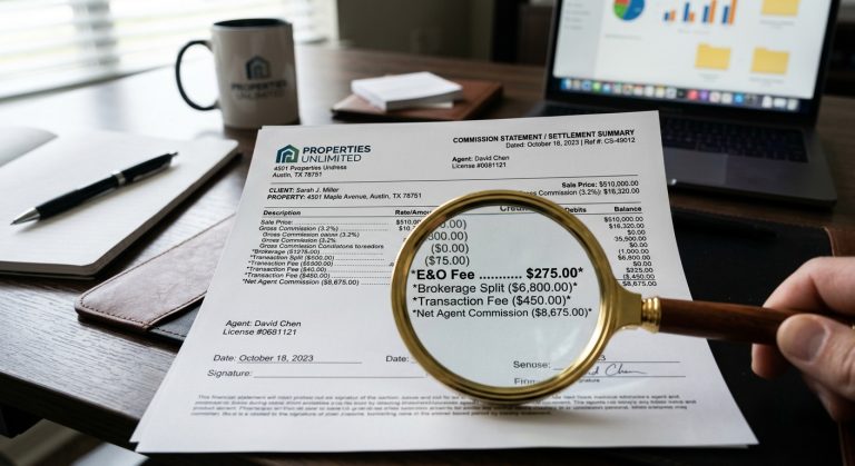 Real estate agent reviewing a commission statement with an E&O fee highlighted.