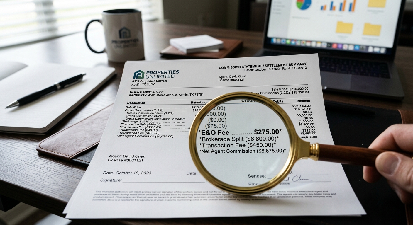 Real estate agent reviewing a commission statement with an E&O fee highlighted.