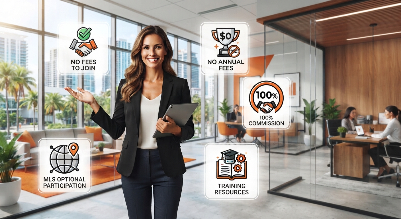 Real estate agent at a modern Florida brokerage highlighting no sign-up fees, no monthly fees, 100% commission, AI-powered support, and optional MLS participation.