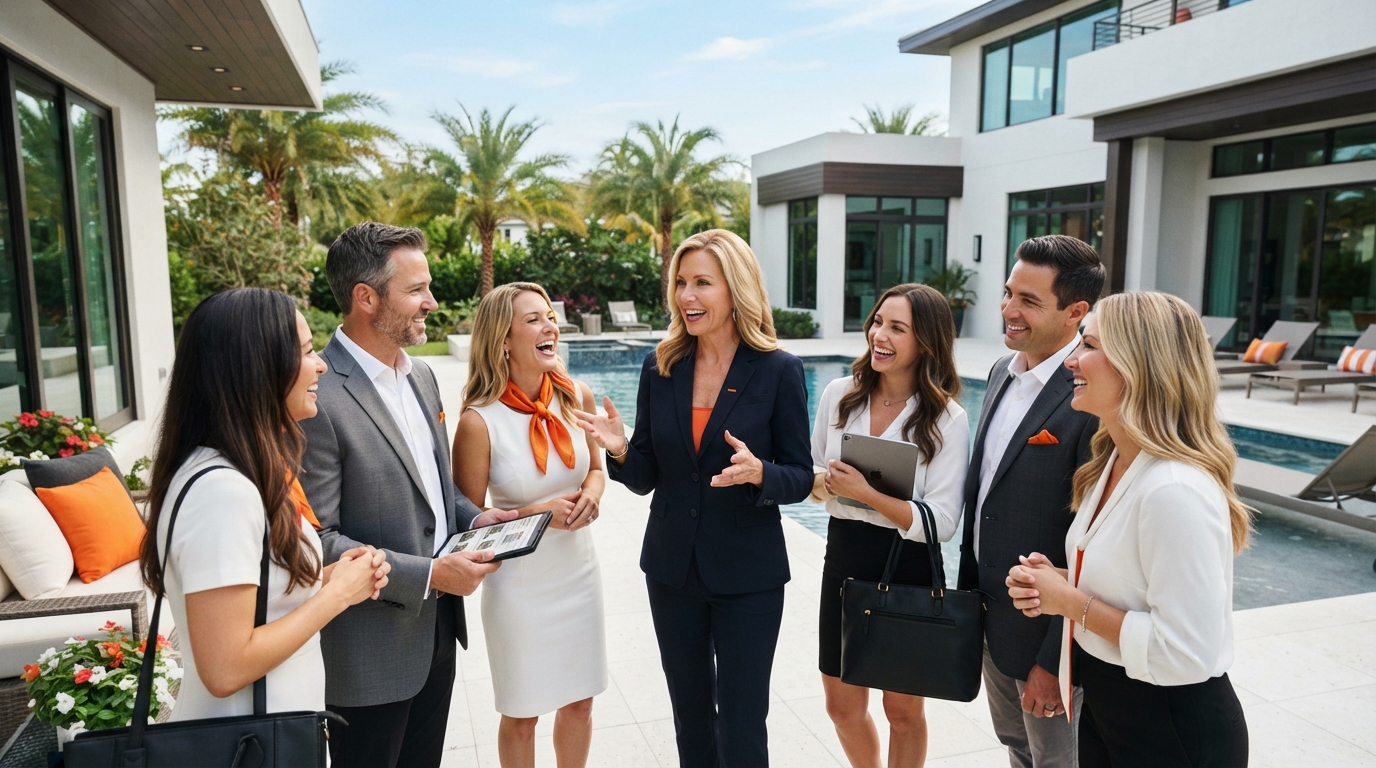 Florida real estate team supported by Easy Realty outside a modern Florida home