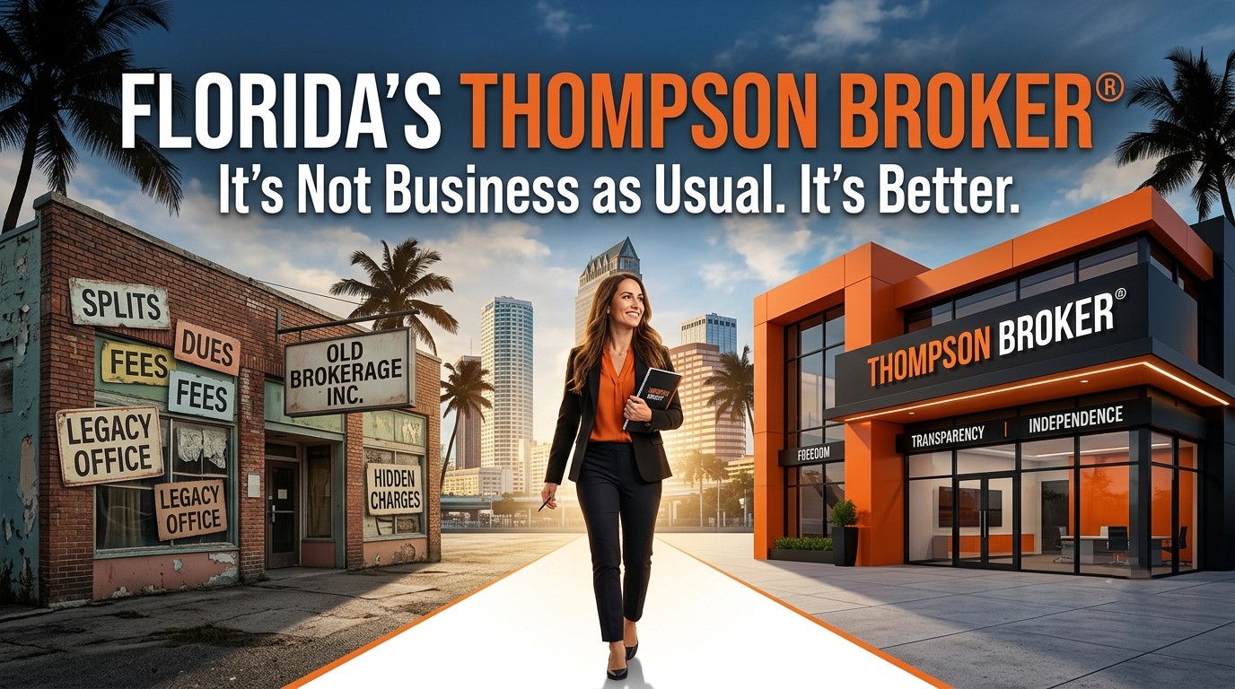 Florida's Thompson Broker model showing a real estate agent moving from traditional brokerage fees and commission splits to a modern agent-first brokerage.