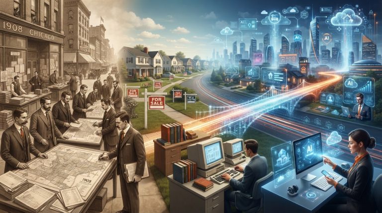 The evolution of organized real estate from 1908 paper-based brokerage systems to AI-powered modern real estate technology connected by a symbolic bridge.