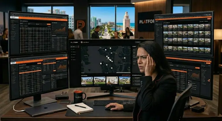 A professional, ultra-detailed photograph of a female real estate agent in a black blazer experiencing a headache or intense stress at her desk. Her hand is pressed to her forehead as she stares anxiously at her workstations. She is surrounded by five monitors: four side-screens show cluttered, complex real estate data interfaces, while the central curved monitor displays a unified dark-mode platform featuring a map and property listings. The workspace features premium tech, a laptop, and a branded coffee mug. Through the large office window in the background, a vibrant, sunny Florida coastal town with palm trees and a prominent tower is visible under a clear blue sky.
