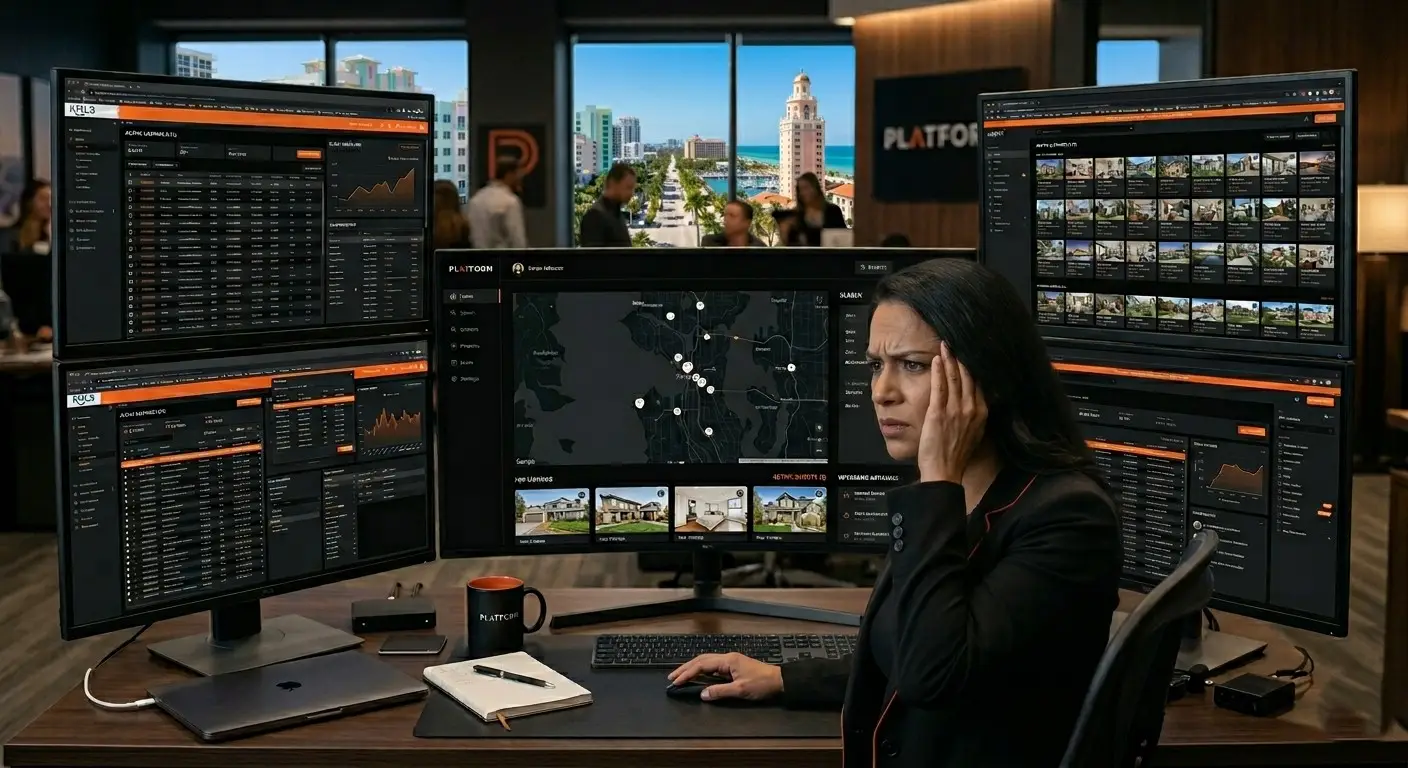 A professional, ultra-detailed photograph of a female real estate agent in a black blazer experiencing a headache or intense stress at her desk. Her hand is pressed to her forehead as she stares anxiously at her workstations. She is surrounded by five monitors: four side-screens show cluttered, complex real estate data interfaces, while the central curved monitor displays a unified dark-mode platform featuring a map and property listings. The workspace features premium tech, a laptop, and a branded coffee mug. Through the large office window in the background, a vibrant, sunny Florida coastal town with palm trees and a prominent tower is visible under a clear blue sky.