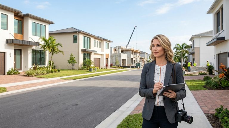 New construction real estate agent overlooking a modern Florida new home community supported by Easy Realty.