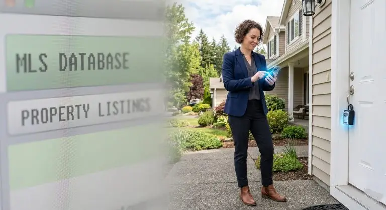 A split-screen concept image illustrating a real estate agent's independence from traditional systems. On the left side, a faded, blurred, and slightly pixelated generic computer interface displays text reading "MLS DATABASE" and "PROPERTY LISTINGS." On the right side, a confident professional female real estate agent stands outside a modern suburban residential property on a brick walkway. She is smiling and looking down at her smartphone, which emits a bright blue glow, symbolizing digital control and flexibility. On the adjacent white front door of the house, an electronic lockbox is clearly visible on the handle, also glowing with a matching blue light to show it is actively syncing with her phone code.