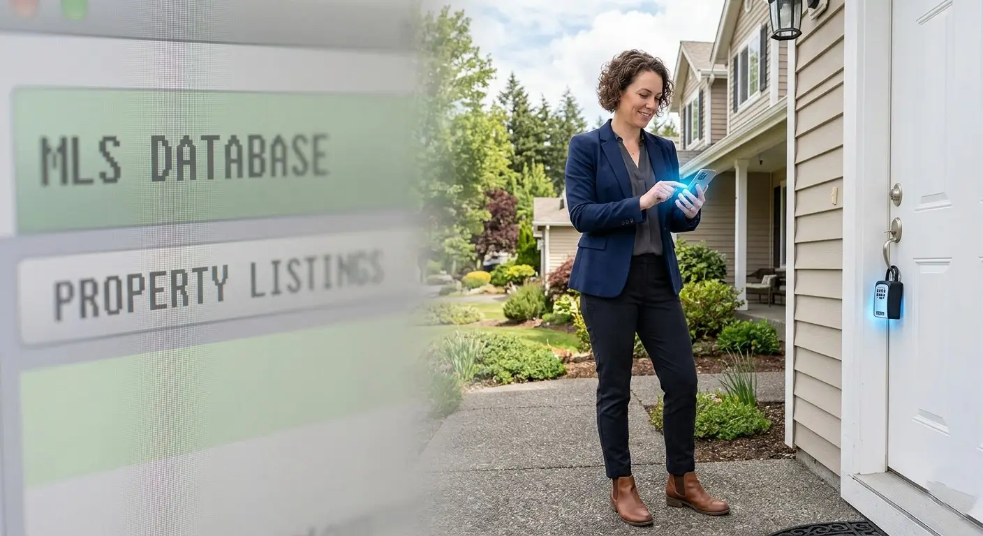 A split-screen concept image illustrating a real estate agent's independence from traditional systems. On the left side, a faded, blurred, and slightly pixelated generic computer interface displays text reading "MLS DATABASE" and "PROPERTY LISTINGS." On the right side, a confident professional female real estate agent stands outside a modern suburban residential property on a brick walkway. She is smiling and looking down at her smartphone, which emits a bright blue glow, symbolizing digital control and flexibility. On the adjacent white front door of the house, an electronic lockbox is clearly visible on the handle, also glowing with a matching blue light to show it is actively syncing with her phone code.