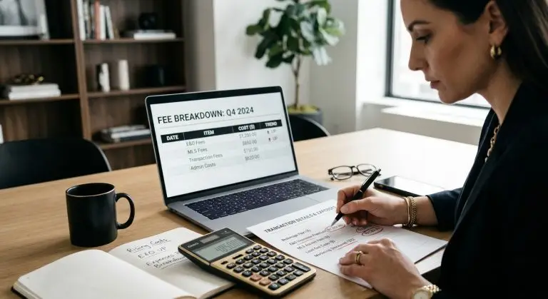 Real estate agent reviewing transaction costs and real estate E&O fees on laptop, highlighting how fees impact income and business expenses