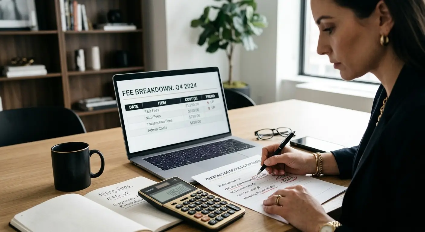 Real estate agent reviewing transaction costs and real estate E&O fees on laptop, highlighting how fees impact income and business expenses