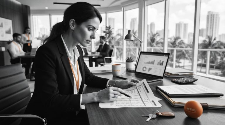 Real estate agent reviewing E&O insurance costs and brokerage fees charged on real estate transactions