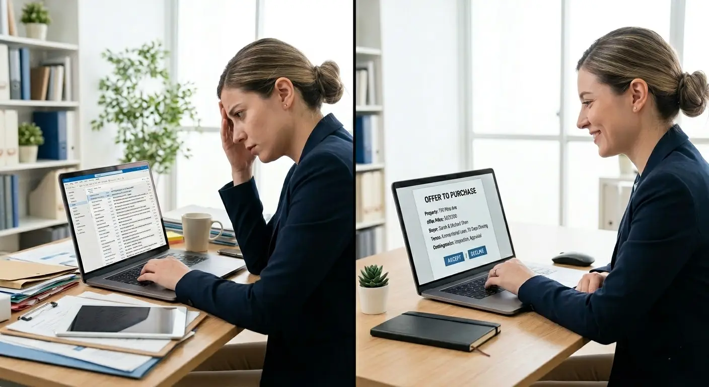 A split-screen image contrasting a stressed real estate agent with an organized workflow. On the left, a woman in a navy blazer sits at a cluttered desk, holding her head in frustration while looking at a laptop screen filled with a dense, chaotic email inbox. On the right, the same woman smiles contentedly at a clean desk, looking at a laptop screen that clearly displays a single, organized "Offer to Purchase" document with price and terms. The setting is a bright, modern, minimalist office with natural lighting.