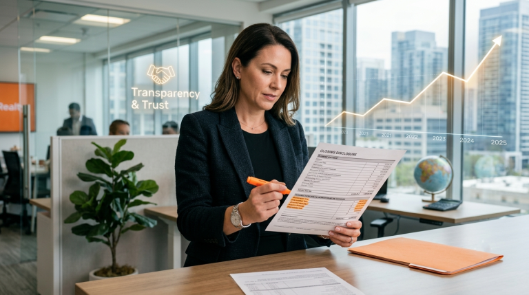 Real estate agent reviewing transaction fees and closing costs as the industry debates administrative and junk fees.