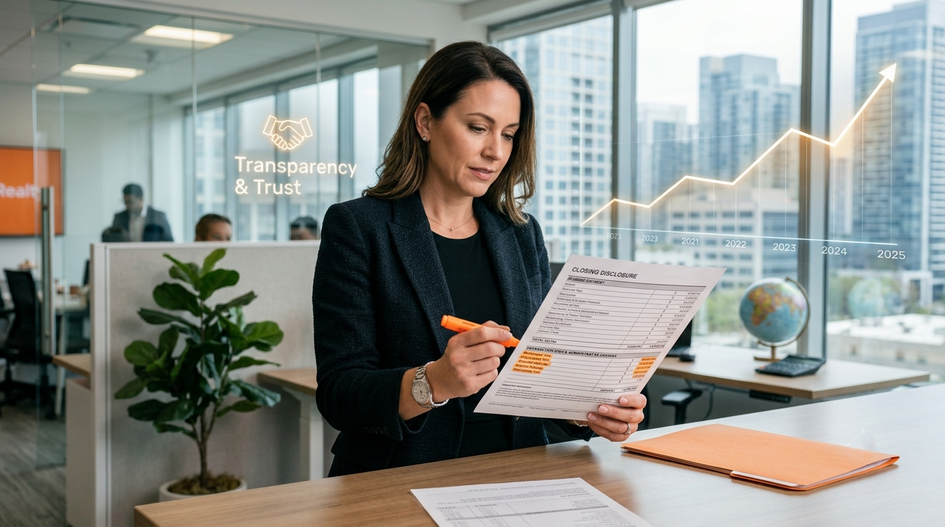 Real estate agent reviewing transaction fees and closing costs as the industry debates administrative and junk fees.