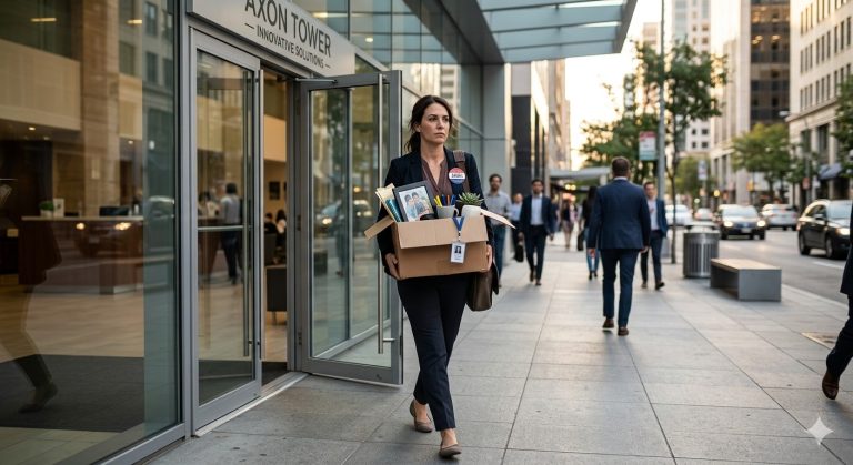 Real estate agent leaving corporate office building with a box of belongings, illustrating why agents are leaving brokerages and moving away from traditional brokerage environments.