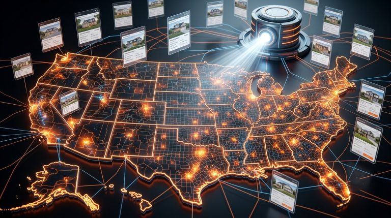 Map of the United States showing multiple interconnected MLS systems and real estate listing databases.